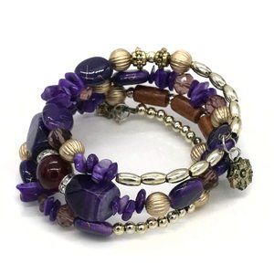 Bracelet Purple, Gold, Brown beads. Memory Wire & 2 charms.